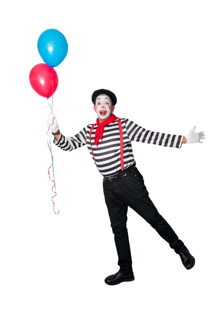 Mime performer holding balloons